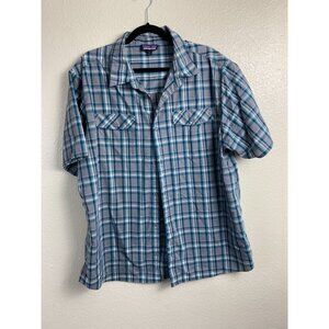 Patagonia Men Blue Gray Plaid Short Sleeve Button Up Shirt sz XXL Outdoor Hiking